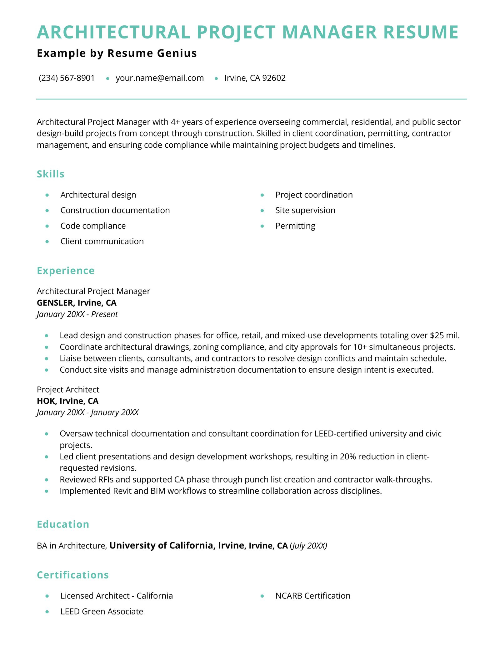 An architectural project manager resume example.