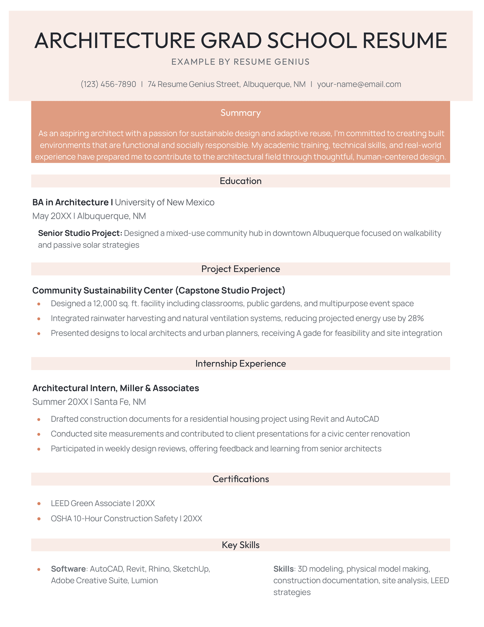 An architecture grad school resume example.