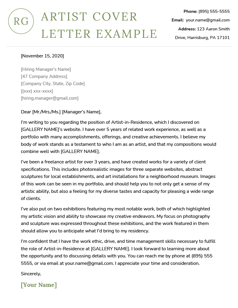 An artist cover letter example with large green text for the applicant's name to help them stand out