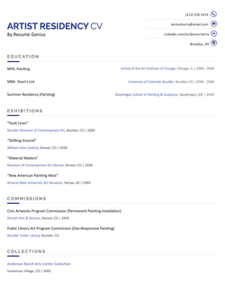The first page of a CV for an artist-in-residence program