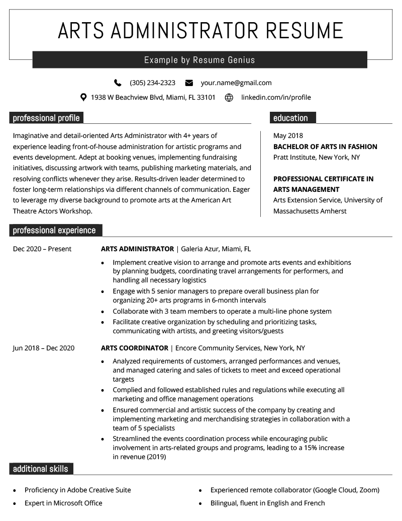 An arts administrator resume example with bold black design elements and sections for the applicant's name and contact information, personal statement, work experience, education, and skills
