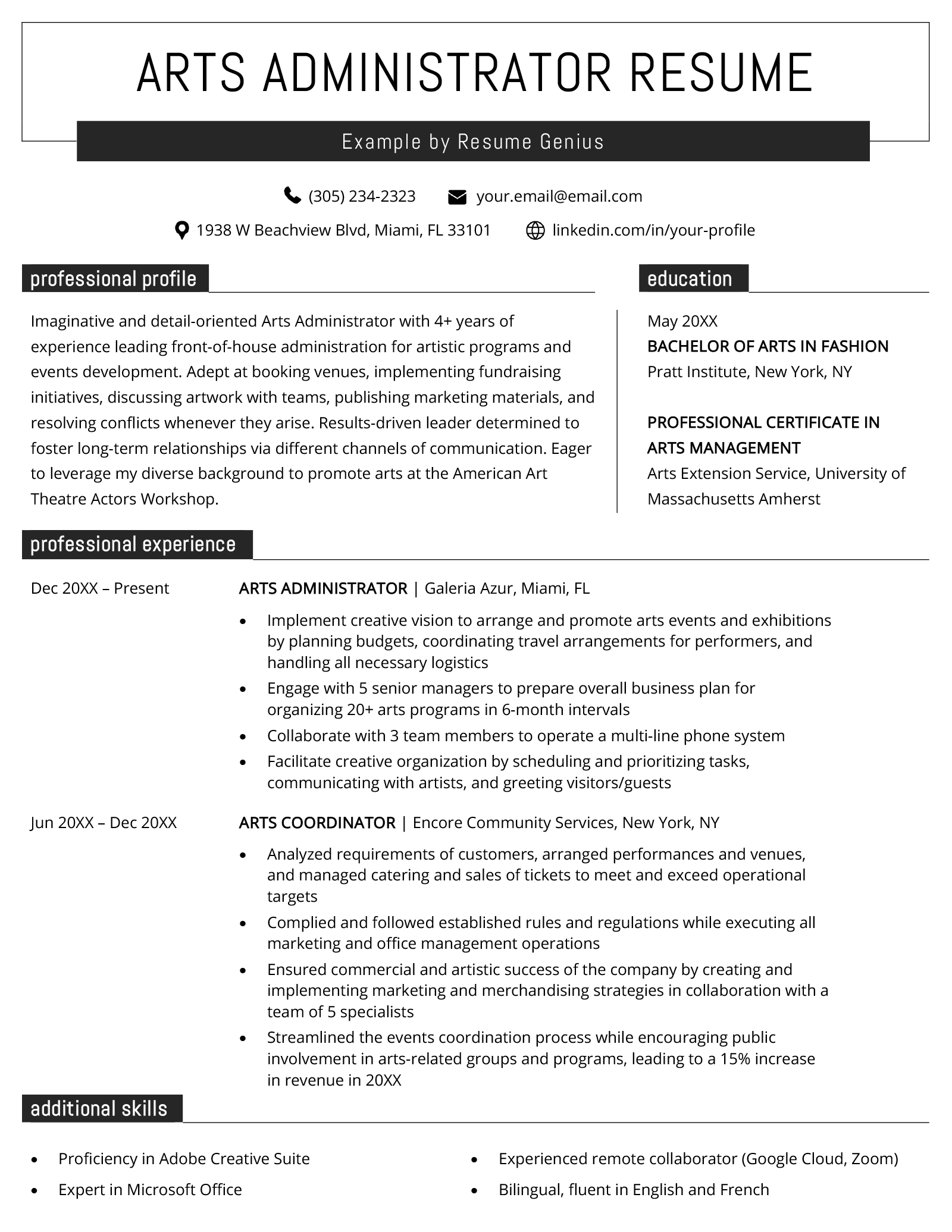 An arts administrator resume example with bold black design elements and sections for the applicant's name and contact information, personal statement, work experience, education, and skills