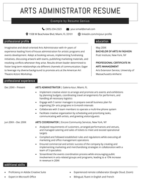 An arts administrator resume example with bold black design elements and sections for the applicant's name and contact information, personal statement, work experience, education, and skills