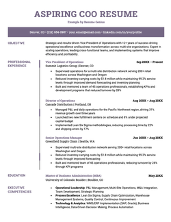 Aspiring COO resume sample with dark purple banner