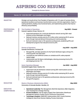 Aspiring COO resume sample with dark purple banner