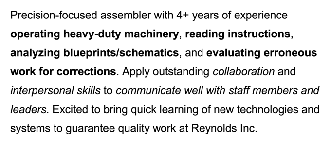 An assembler resume objective sample with technical experience references highlighted in bold text, and interpersonal skills references highlighted in italic text