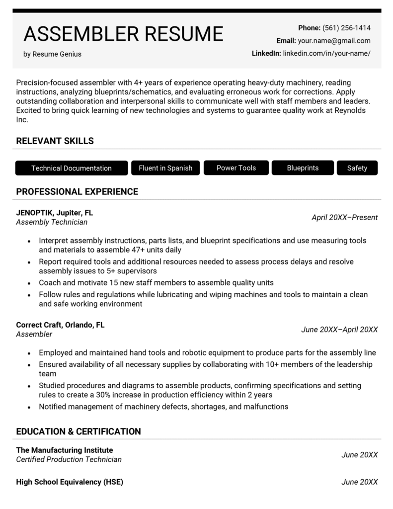 assembler job description resume