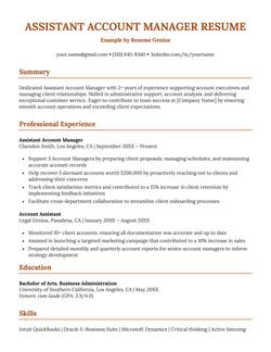 An example resume for an assistant account manager.