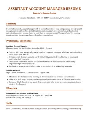 An example resume for an assistant account manager.