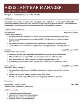 Assistant bar manager resume example and template