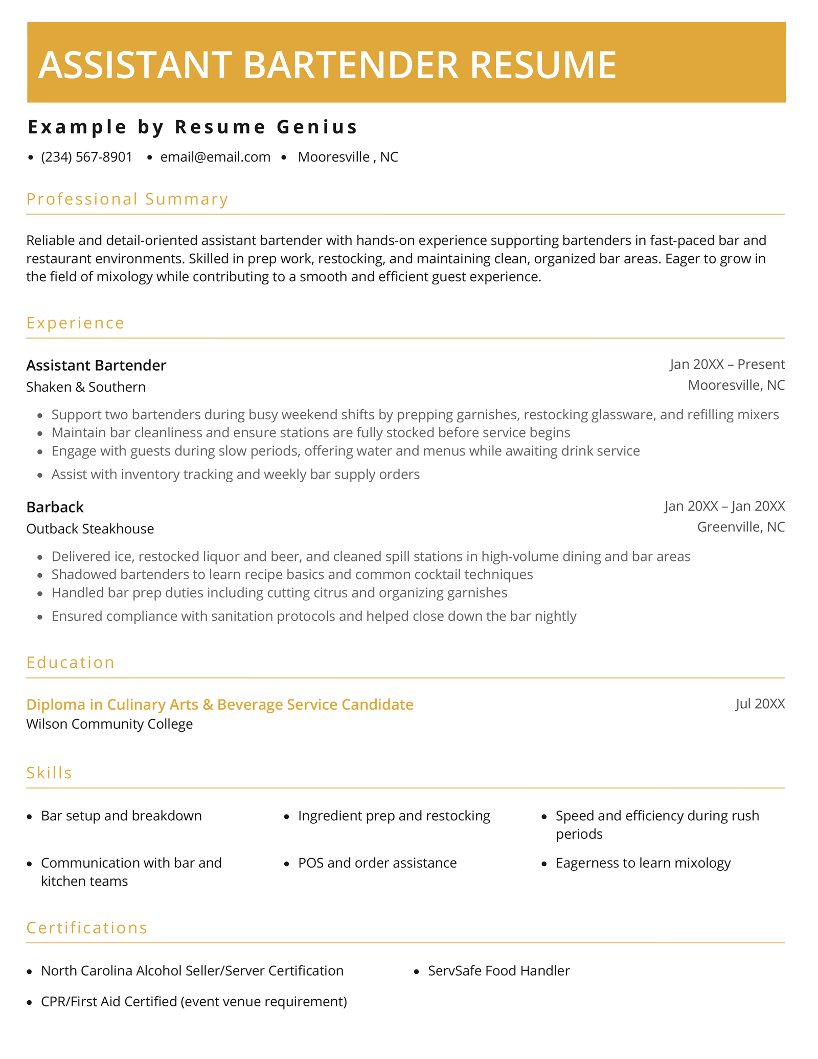 An assistant bartender resume example.