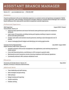 Example of an assistant branch manager resume