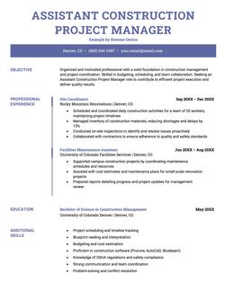 Assistant construction project manager resume example and template