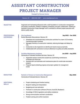 Assistant construction project manager resume example and template