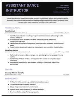 An example of a resume for an assistant dance instructor