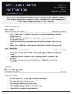 An example of a resume for an assistant dance instructor