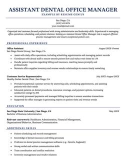An example of a resume for an assistant manager at a dental office.