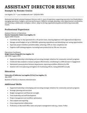 An example of a resume for an assistant director role.