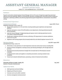 Assistant general manager resume example and template