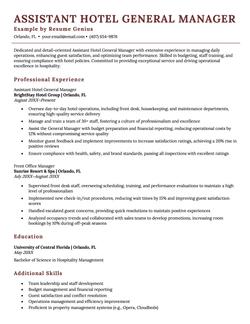 Assistant hotel general manager resume example and template