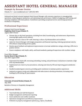 Assistant hotel general manager resume example and template