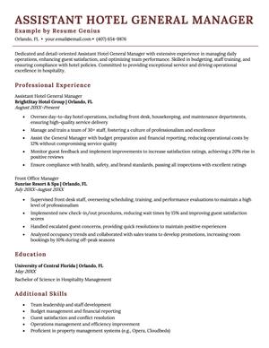 Assistant hotel general manager resume example and template