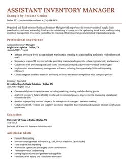 Assistant Inventory Manager resume example and template