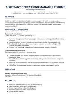 An example resume for an assistant operations manager.