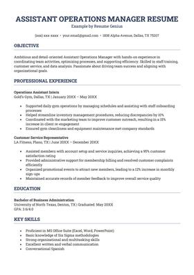 An example resume for an assistant operations manager.