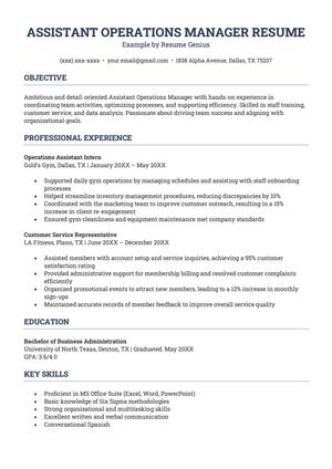 An example resume for an assistant operations manager.