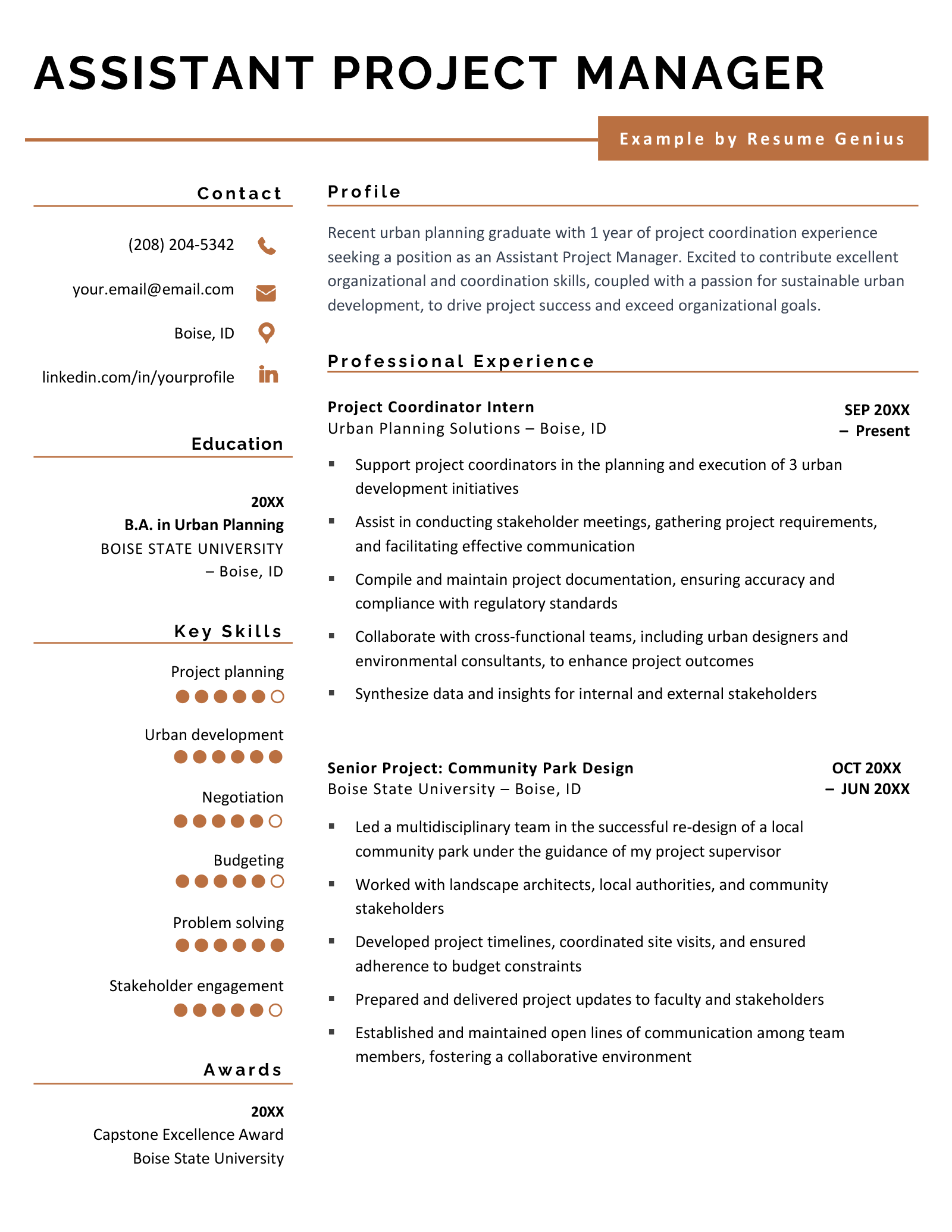 An assistant project manager resume example on a template with orange header and skill bars on the left side.
