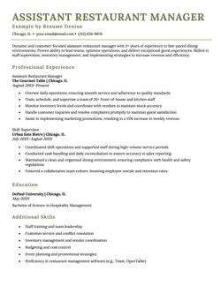 A strong example of an assistnat restaurant manager resume.