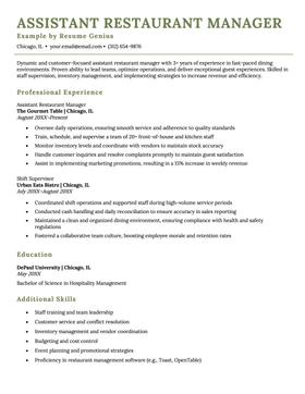 A strong example of an assistnat restaurant manager resume.