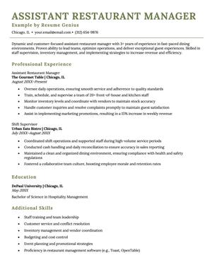 A strong example of an assistnat restaurant manager resume.