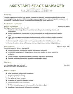 An assistant stage manager resume example.