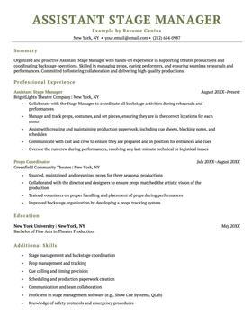 An assistant stage manager resume example.