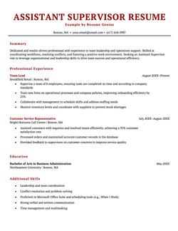 An assistant supervisor resume example.