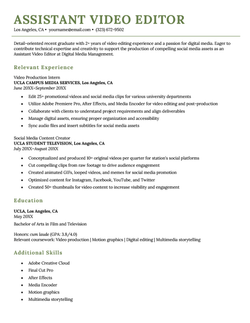 An assistant video editor resume using a template with green headers.