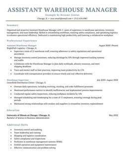 A resume example for an assistant warehouse manager.