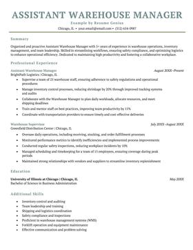 A resume example for an assistant warehouse manager.