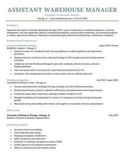 An example resume for an assistant warehouse worker.