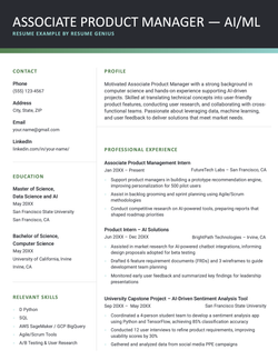 Associate AI product manager resume example and template