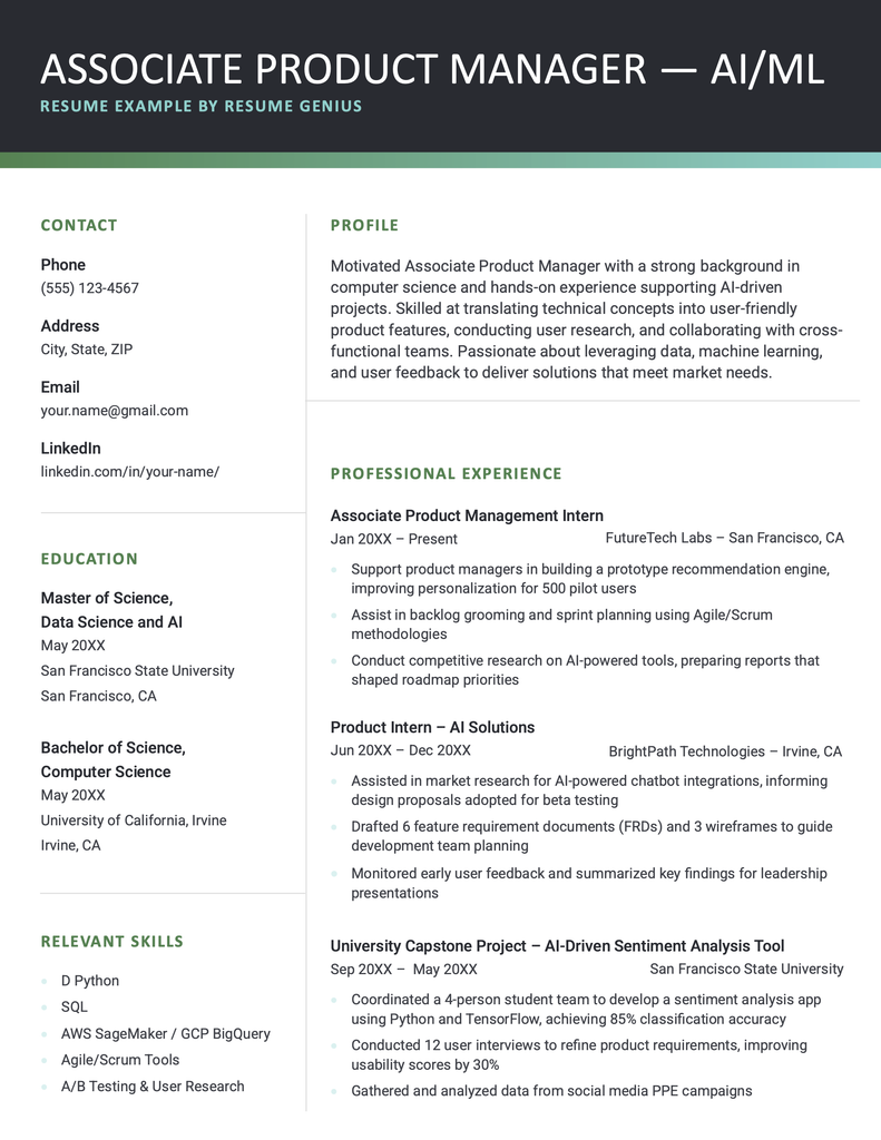 Associate AI product manager resume example and template