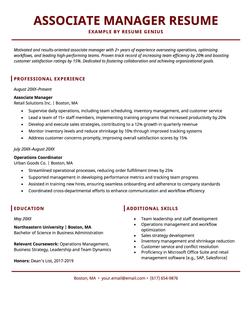 Entry level assistant manager resume example and template
