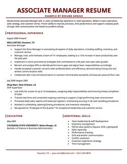An example resume for an associate manager.