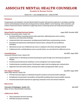 An example resume for an associate mental health counselor