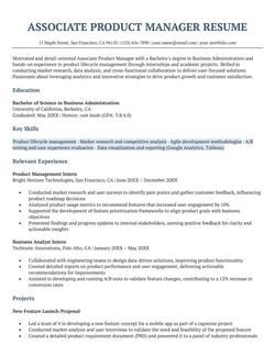 An associate product manager resume example.