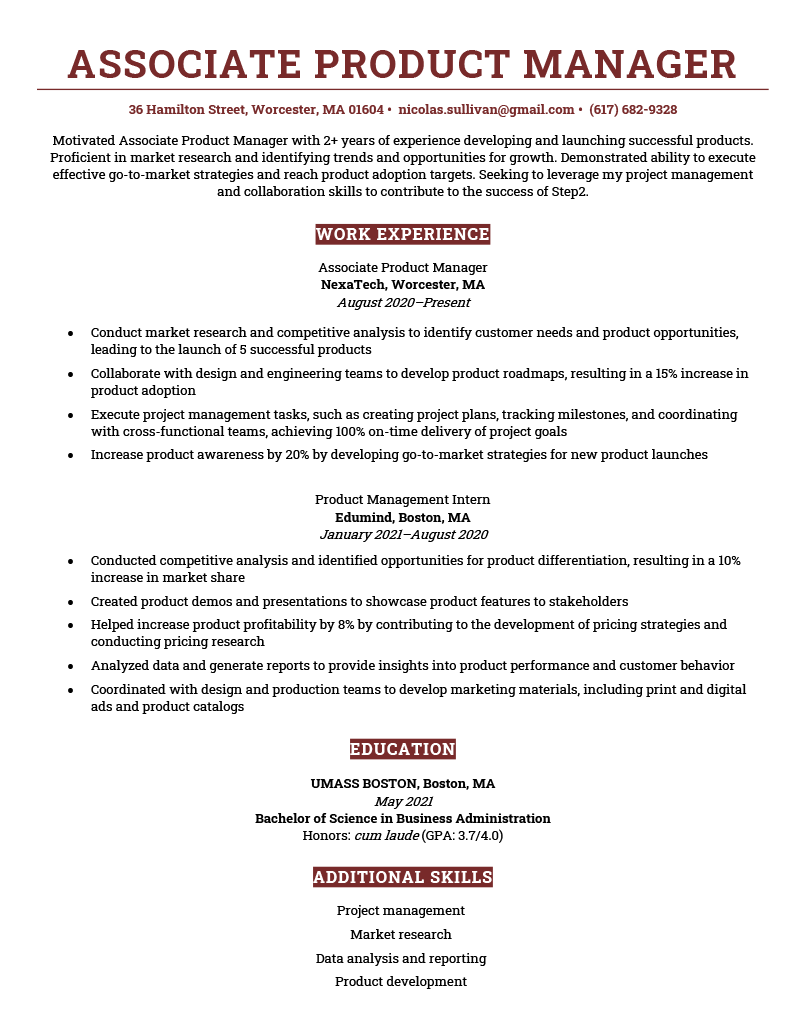 An associate product manager resume example on a template with a wide header and each resume section highlighted in red.