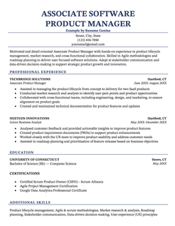 An associate software product manager resume example.