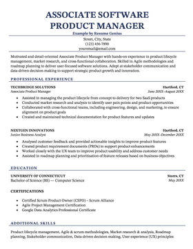 An associate software product manager resume example.